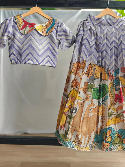 Kids Kalamkari Print Lehenga Choli Set (1 Month–16 Years) - Lavender