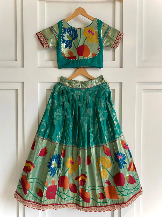 Kids Festive Paithani Lehenga Choli Set - Teal