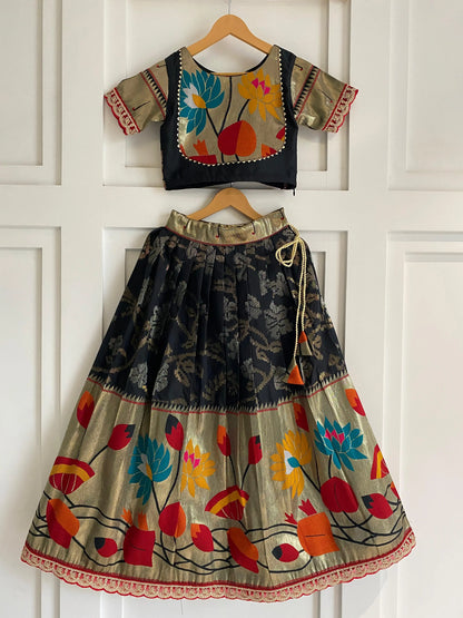 Kids Festive Paithani Lehenga Choli Set - Black