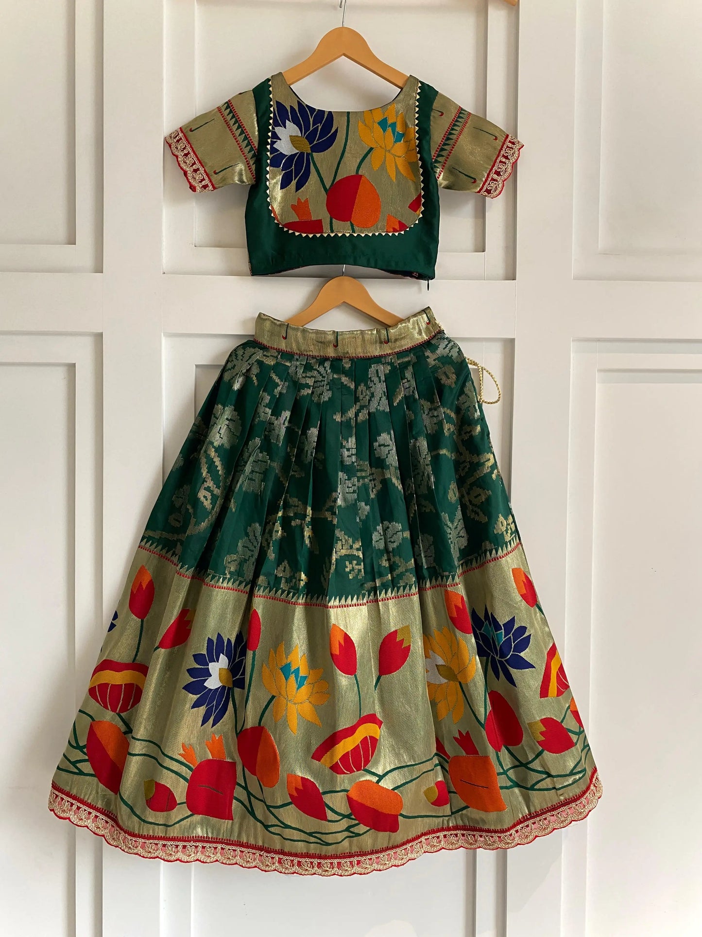 Kids Festive Paithani Lehenga Choli Set - Green