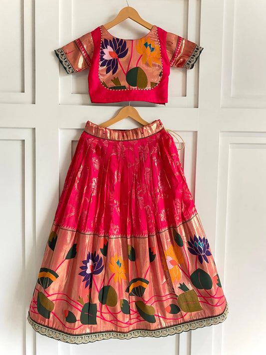 Kids Festive Paithani Lehenga Choli Set - Pink