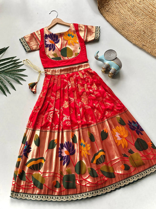 Kids Festive Paithani Lehenga Choli Set - Red