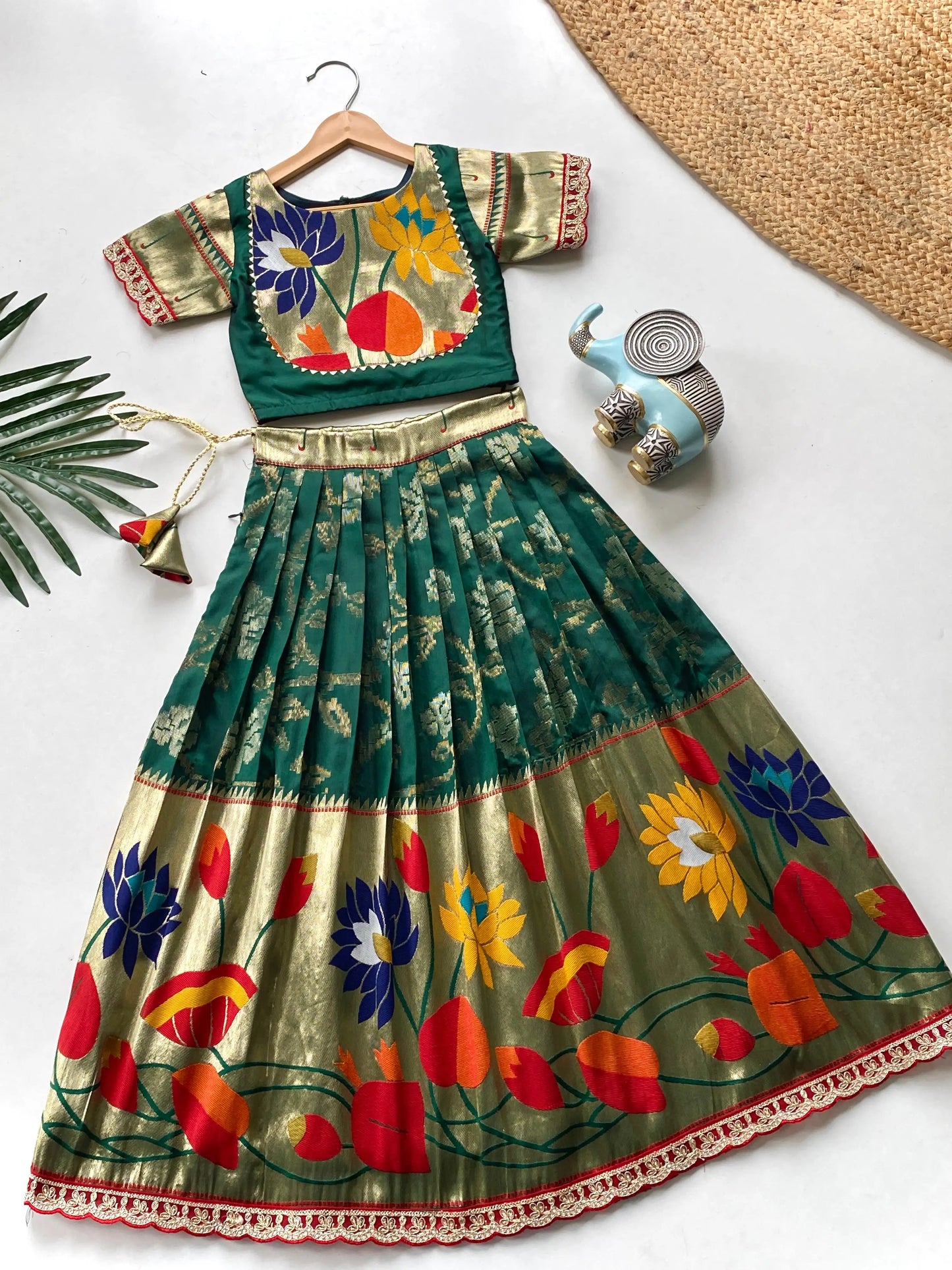 Kids Festive Paithani Lehenga Choli Set - Green