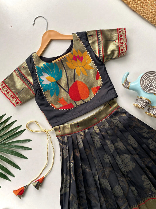 Kids Festive Paithani Lehenga Choli Set - Black