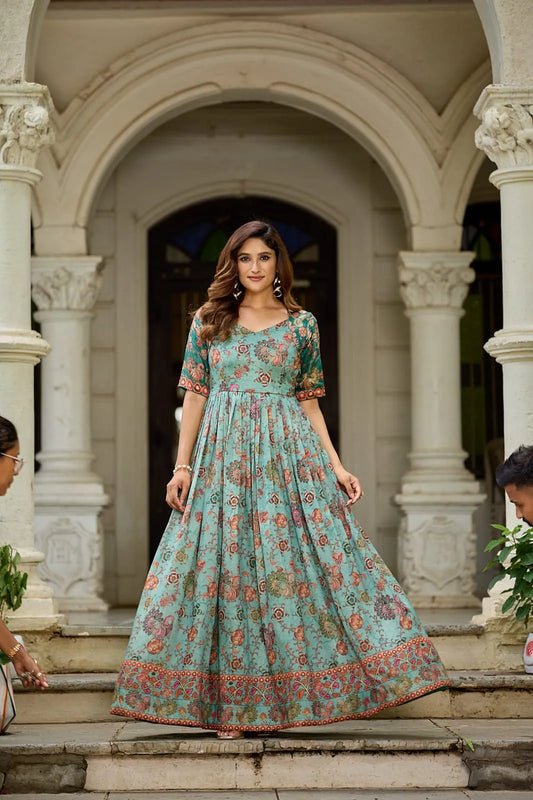 Traditional Green Floral Printed Silk Blend Gown
