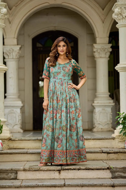 Traditional Green Floral Printed Silk Blend Gown