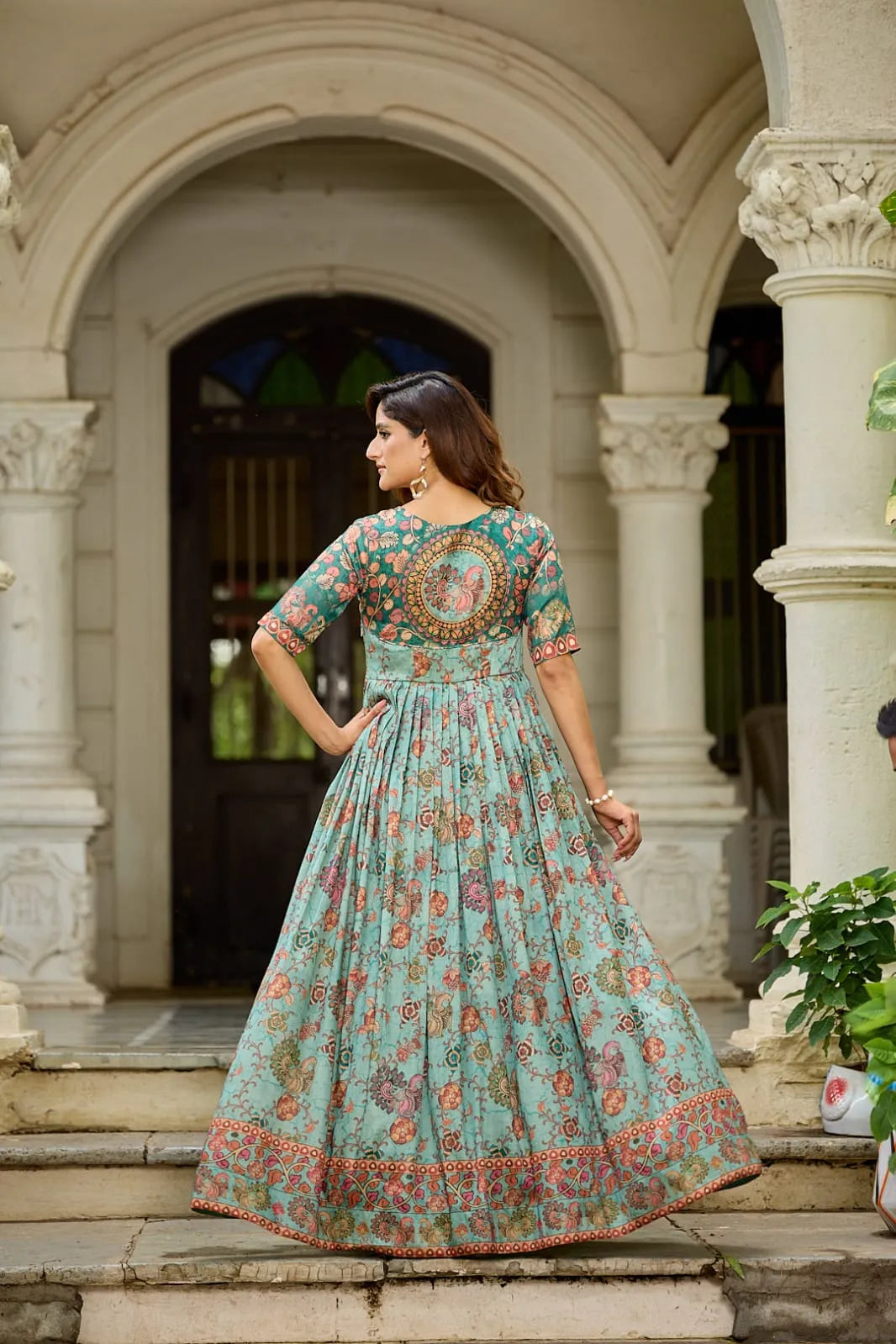 Traditional Green Floral Printed Silk Blend Gown
