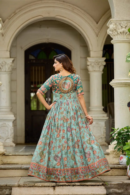Traditional Green Floral Printed Silk Blend Gown