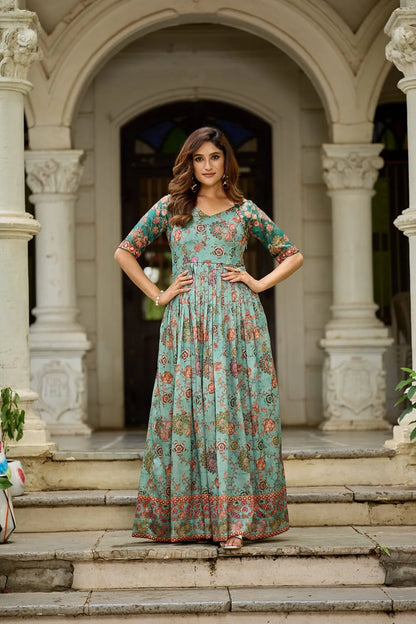Traditional Green Floral Printed Silk Blend Gown