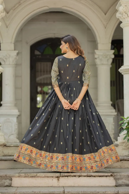 Premium Soft Silk 3.5 Meter Flared Zari Weaving Gown - Black