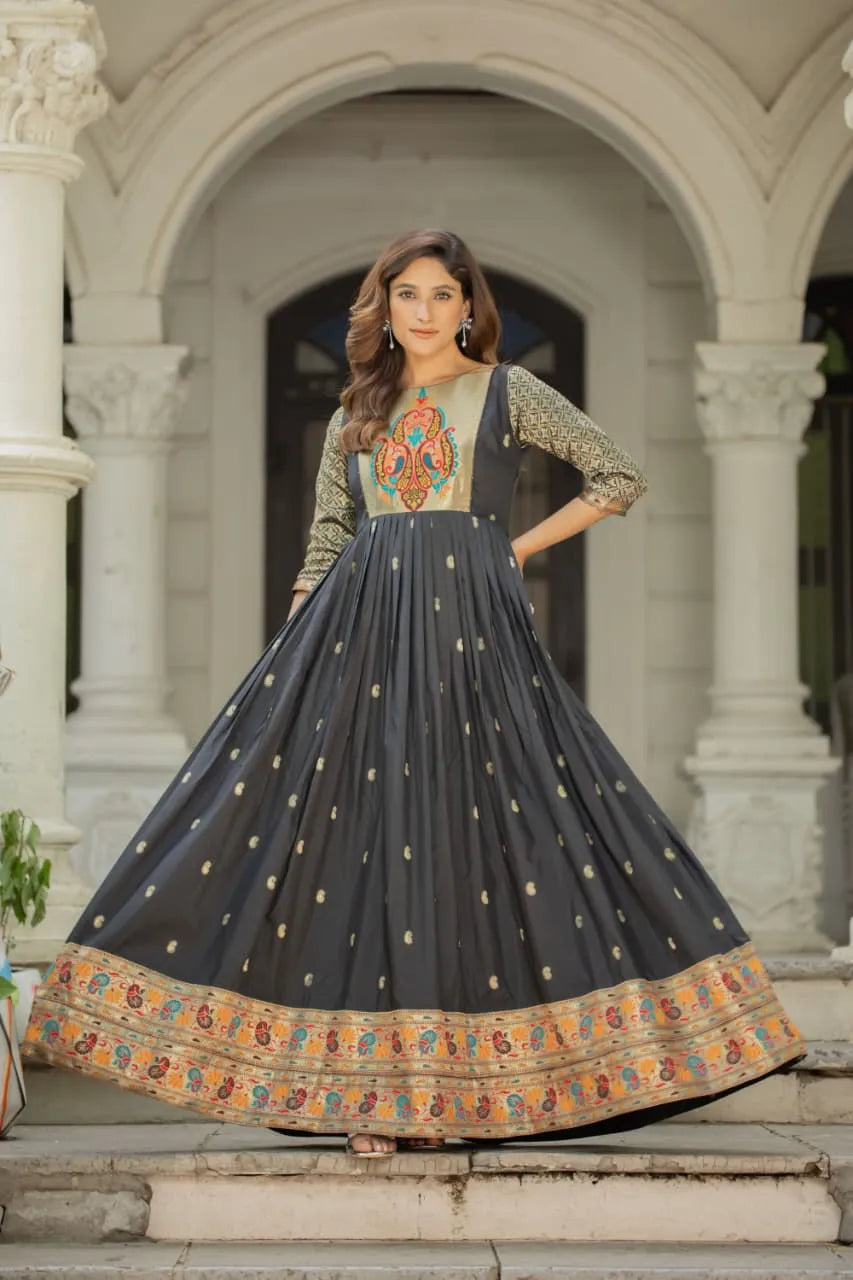Premium Soft Silk 3.5 Meter Flared Zari Weaving Gown - Black