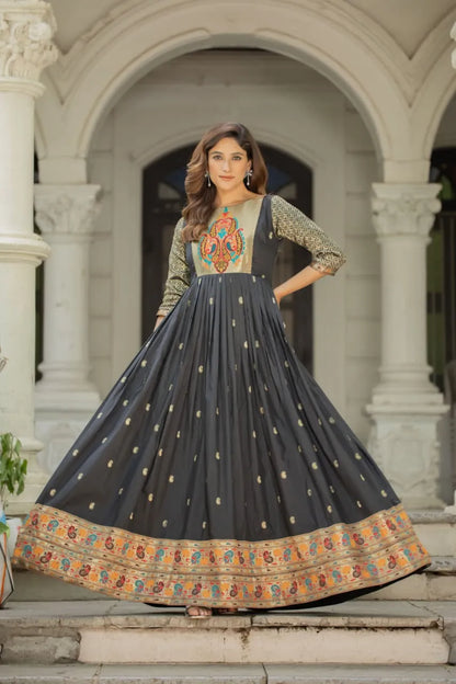 Premium Soft Silk 3.5 Meter Flared Zari Weaving Gown - Black