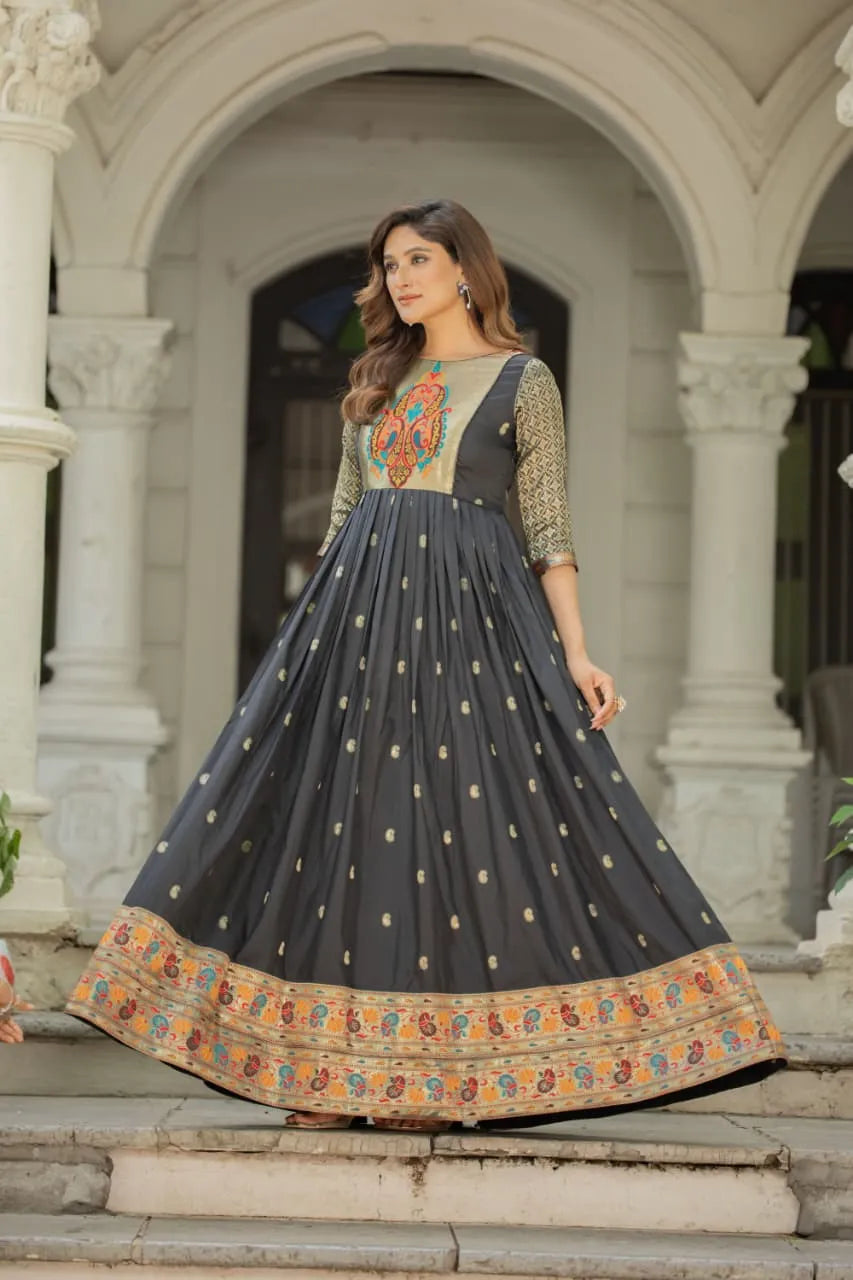 Premium Soft Silk 3.5 Meter Flared Zari Weaving Gown - Black