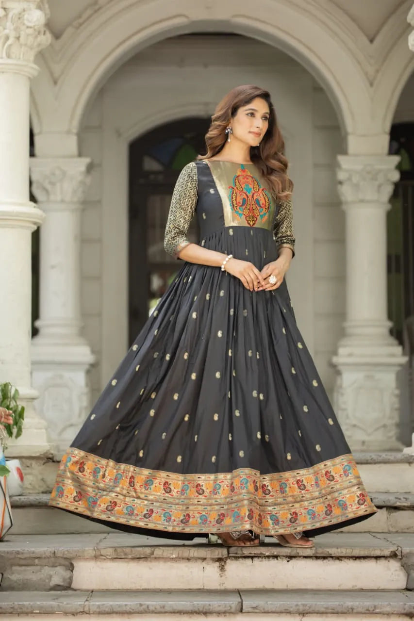 Premium Soft Silk 3.5 Meter Flared Zari Weaving Gown - Black