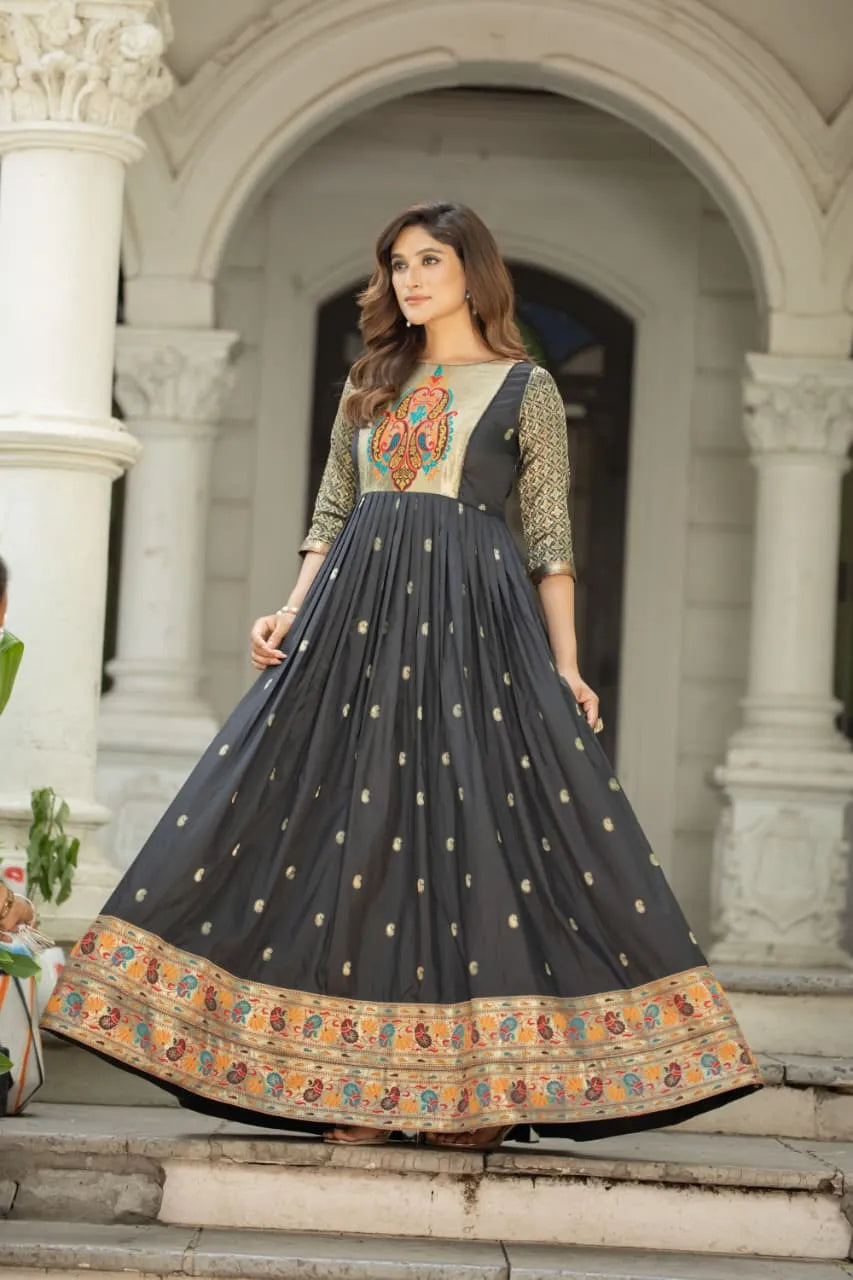Premium Soft Silk 3.5 Meter Flared Zari Weaving Gown - Black