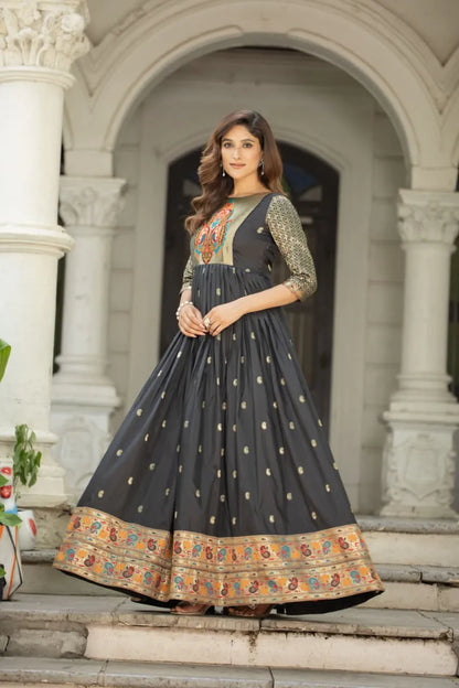 Premium Soft Silk 3.5 Meter Flared Zari Weaving Gown - Black