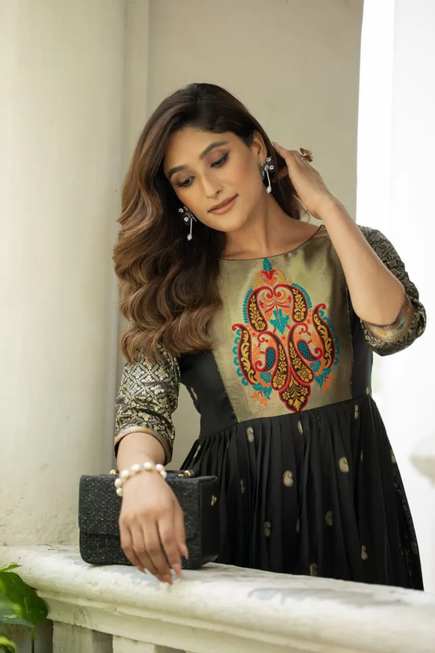 Premium Soft Silk 3.5 Meter Flared Zari Weaving Gown - Black