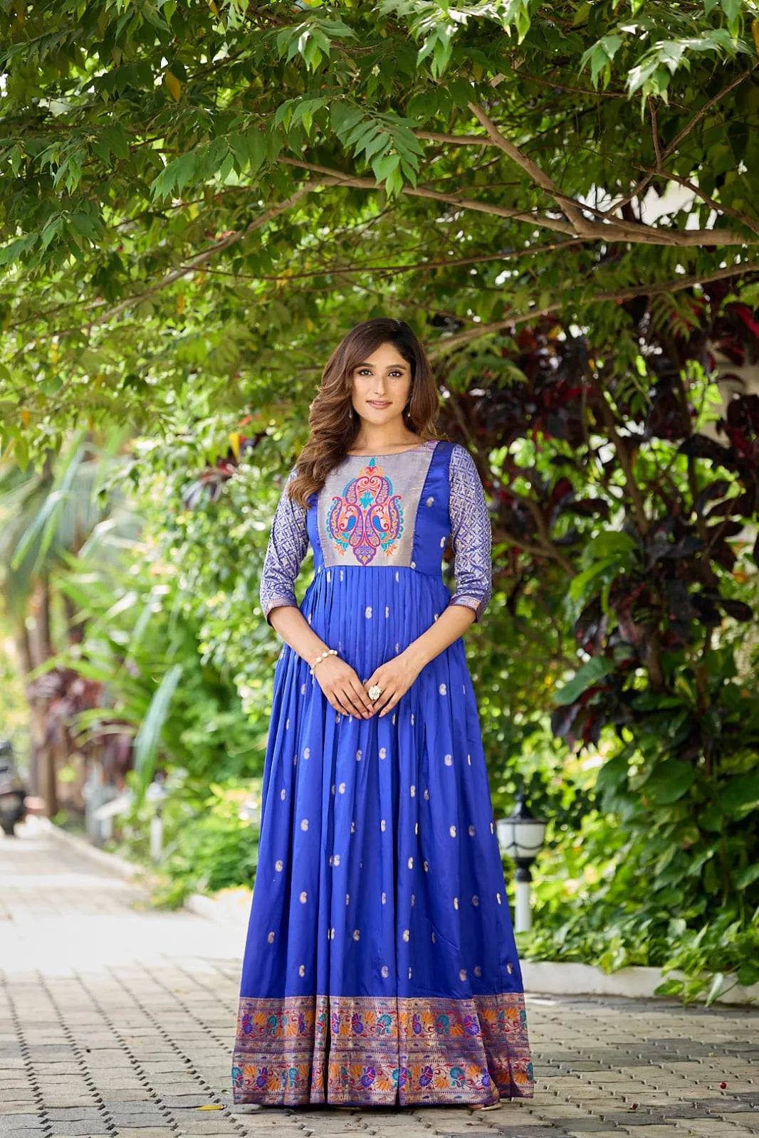 Premium Soft Silk 3.5 Meter Flared Zari Weaving Gown - Blue