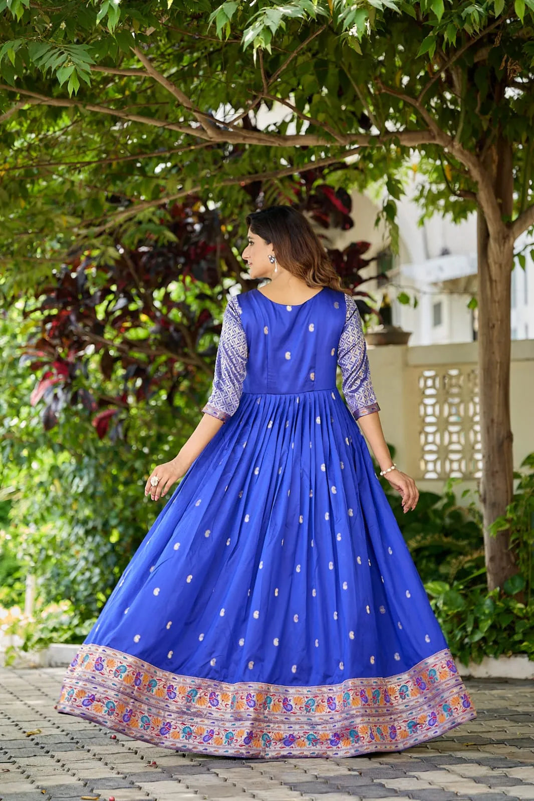 Premium Soft Silk 3.5 Meter Flared Zari Weaving Gown - Blue