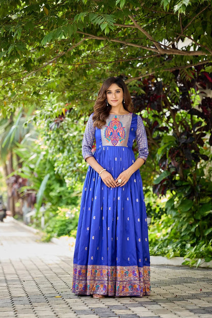 Premium Soft Silk 3.5 Meter Flared Zari Weaving Gown - Blue