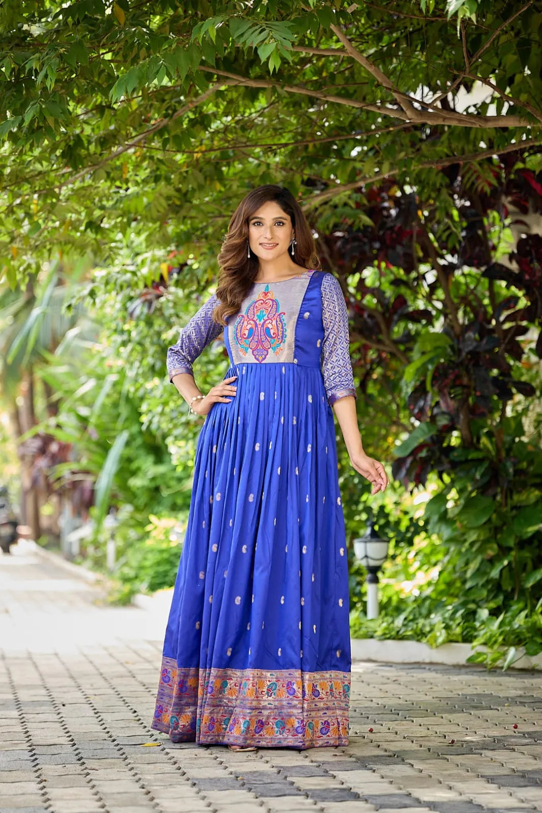 Premium Soft Silk 3.5 Meter Flared Zari Weaving Gown - Blue