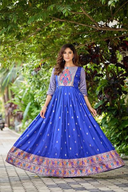 Premium Soft Silk 3.5 Meter Flared Zari Weaving Gown - Blue