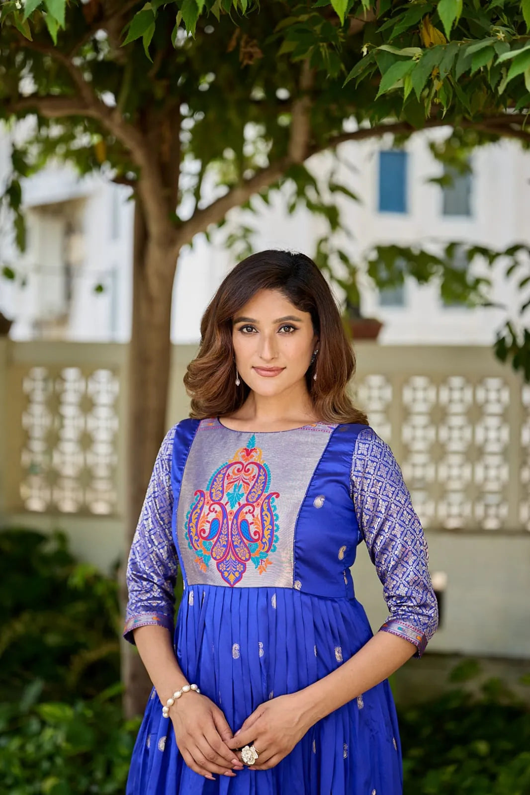 Premium Soft Silk 3.5 Meter Flared Zari Weaving Gown - Blue