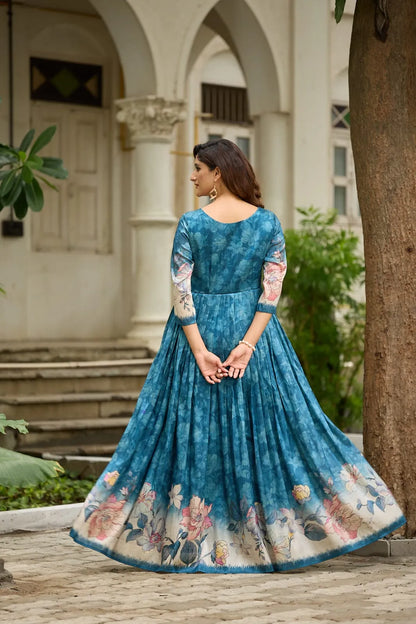 Graceful Background Floral Printed Trendy Gown - Firozi