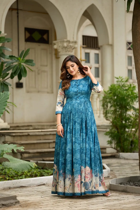 Graceful Background Floral Printed Trendy Gown - Firozi