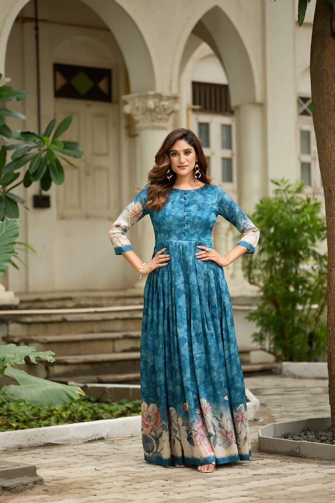 Graceful Background Floral Printed Trendy Gown - Firozi