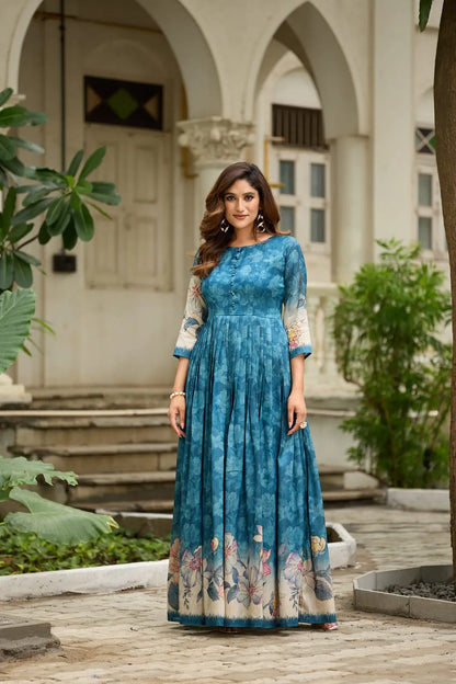 Graceful Background Floral Printed Trendy Gown - Firozi