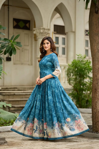 Graceful Background Floral Printed Trendy Gown - Firozi
