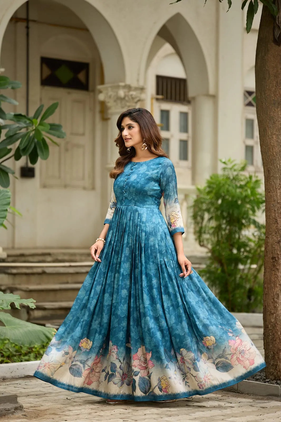 Graceful Background Floral Printed Trendy Gown - Firozi