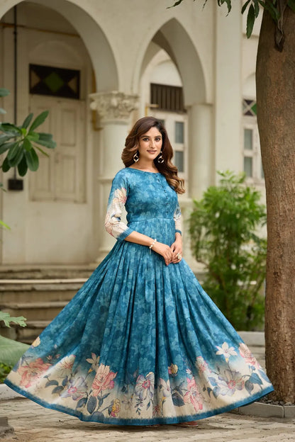 Graceful Background Floral Printed Trendy Gown - Firozi