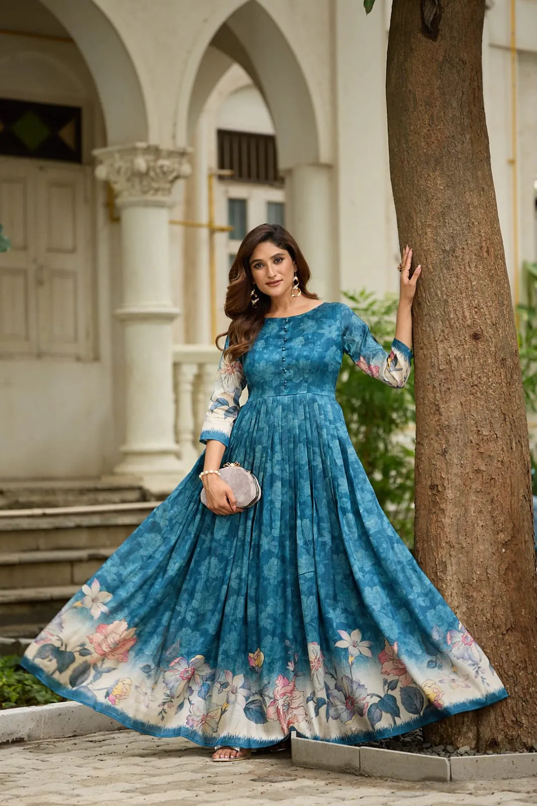 Graceful Background Floral Printed Trendy Gown - Firozi