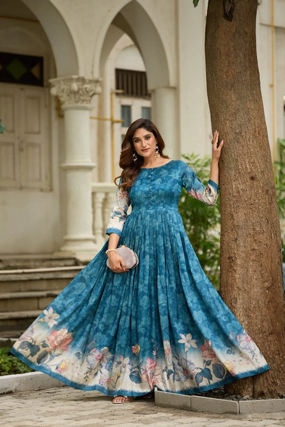 Graceful Background Floral Printed Trendy Gown - Firozi