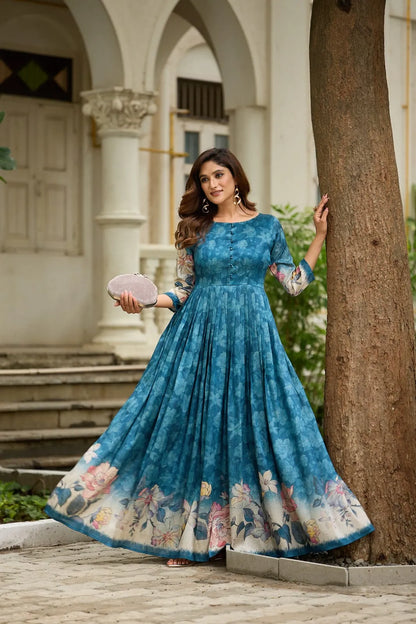 Graceful Background Floral Printed Trendy Gown - Firozi