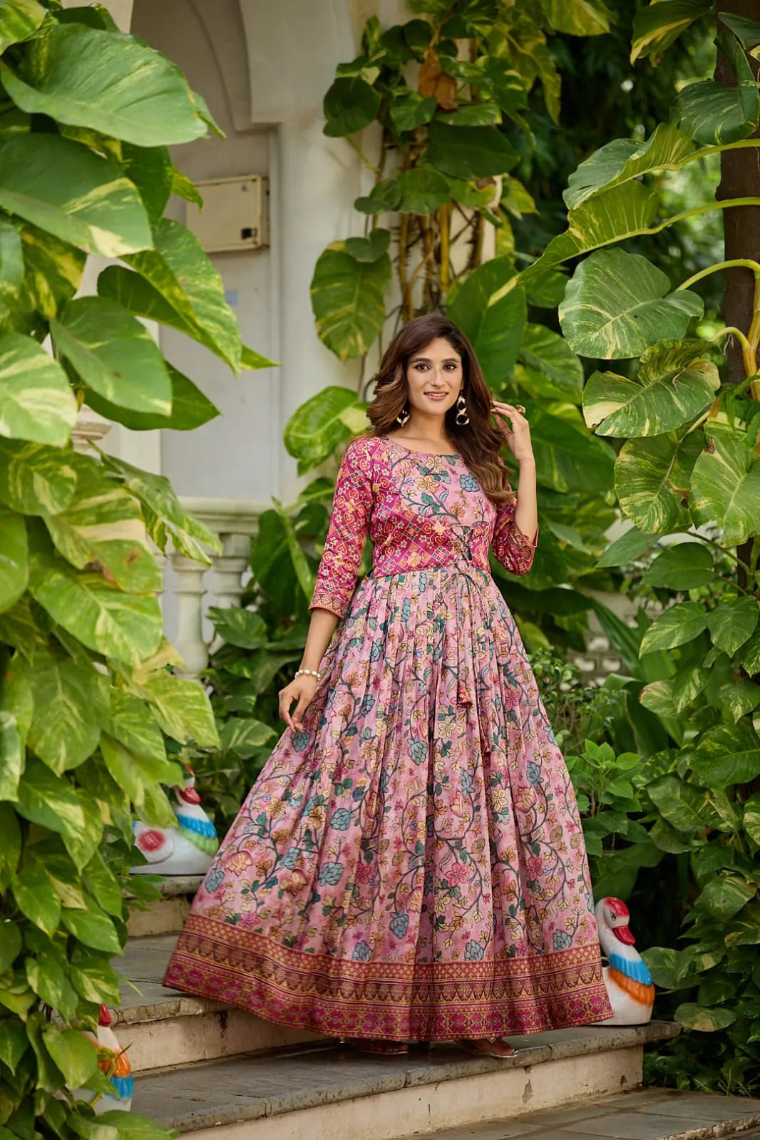 Silk Blend Gown with Attached Patola Print Jacket