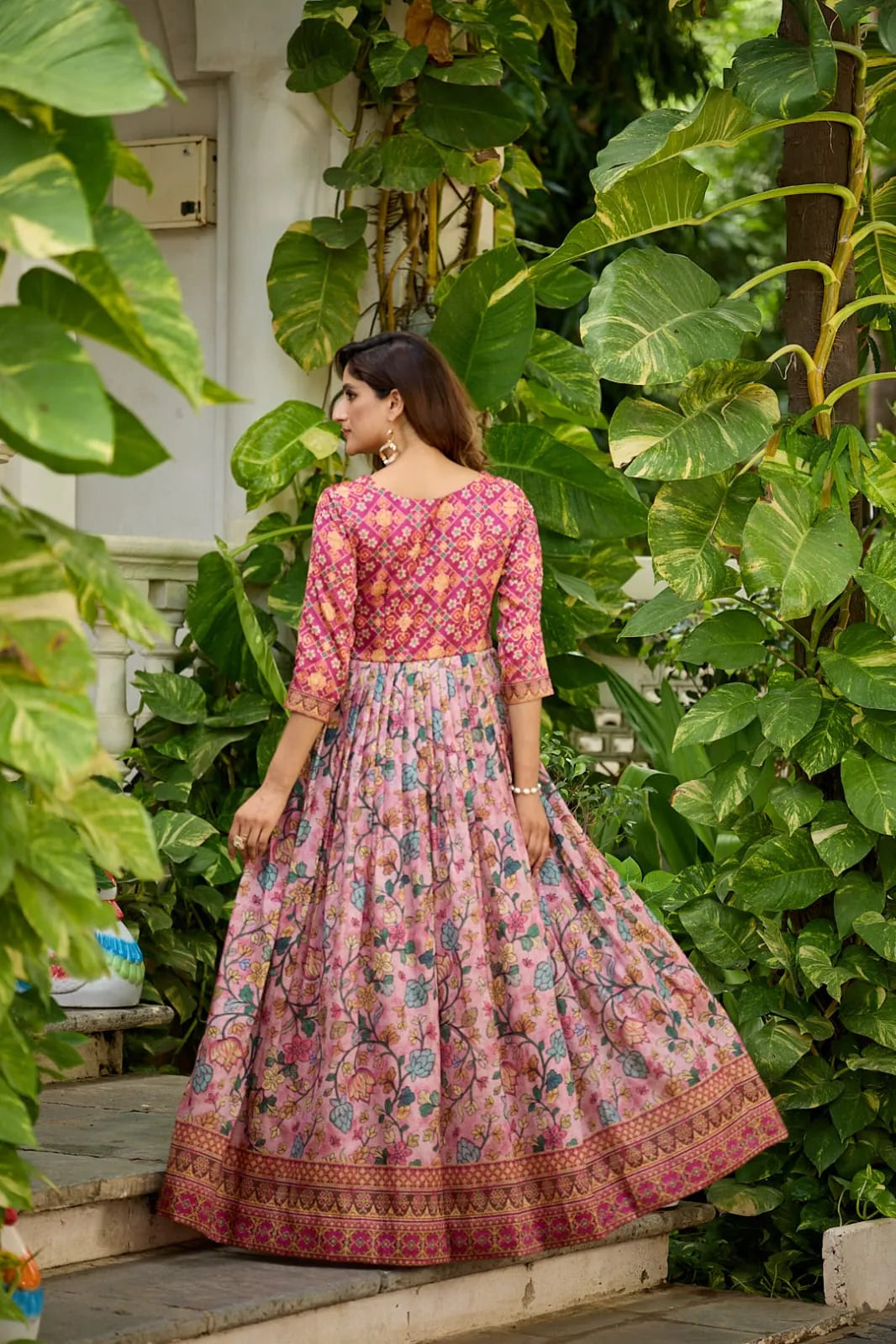 Silk Blend Gown with Attached Patola Print Jacket