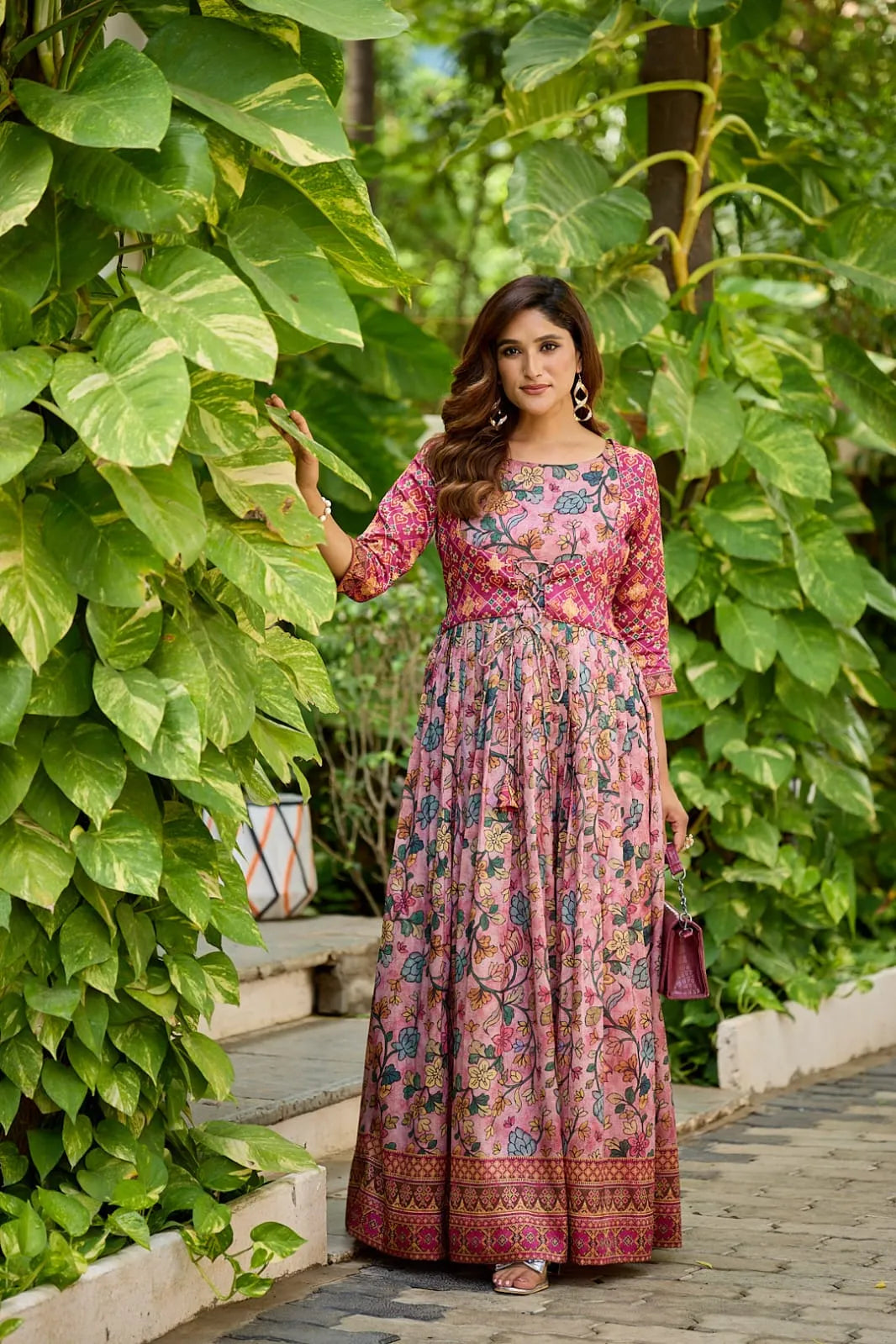 Silk Blend Gown with Attached Patola Print Jacket