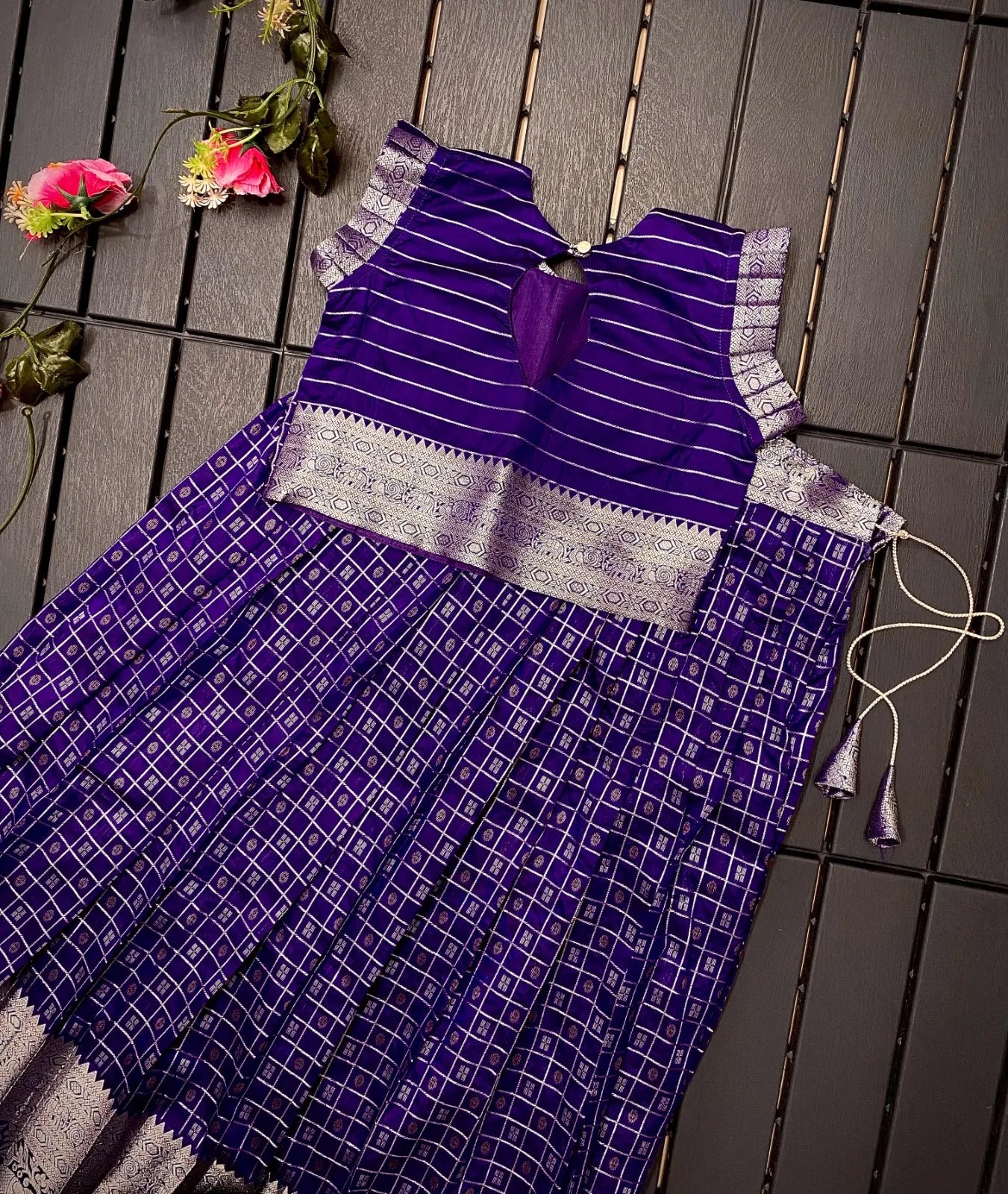 Soft Silk Kanchipuram Kids Crop Top Lehenga Set - Violet