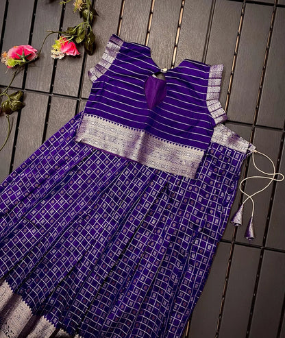 Soft Silk Kanchipuram Kids Crop Top Lehenga Set - Violet