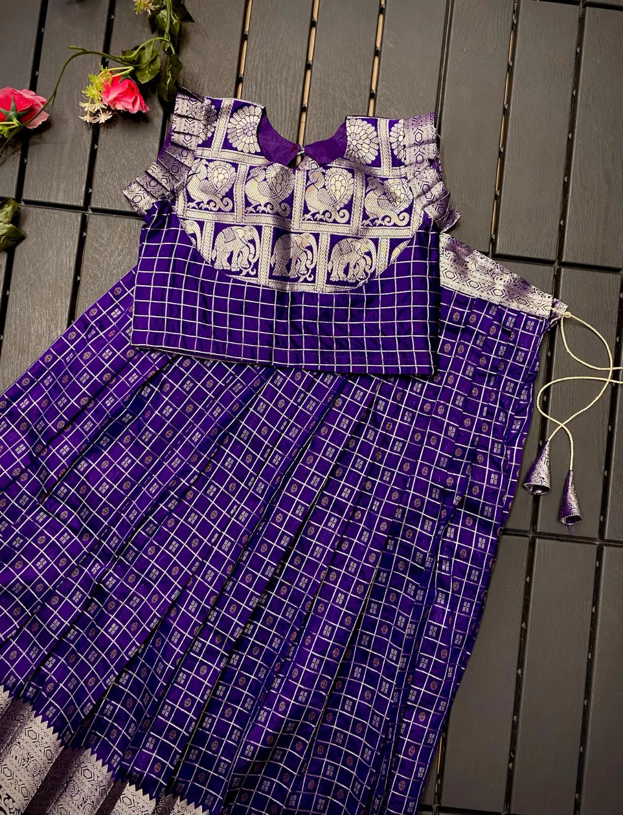 Soft Silk Kanchipuram Kids Crop Top Lehenga Set - Violet