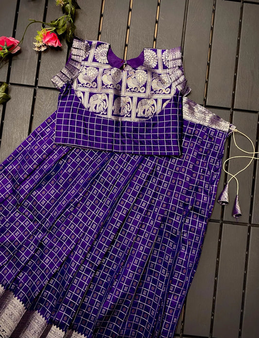 Soft Silk Kanchipuram Kids Crop Top Lehenga Set - Violet