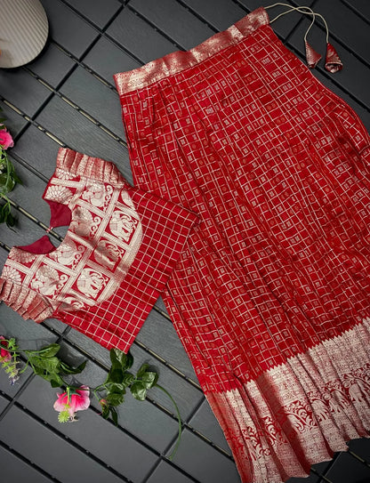 Soft Silk Kanchipuram Kids Crop Top Lehenga Set - Red