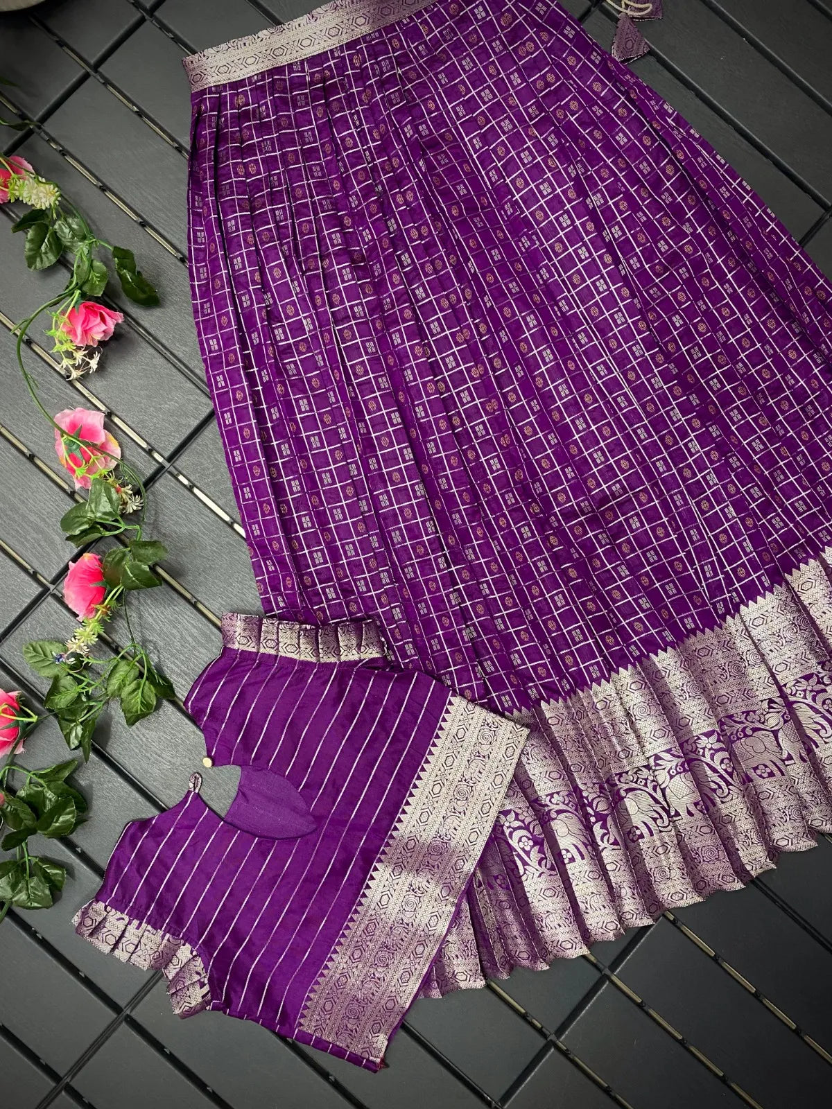 Soft Silk Kanchipuram Kids Crop Top Lehenga Set - Purple