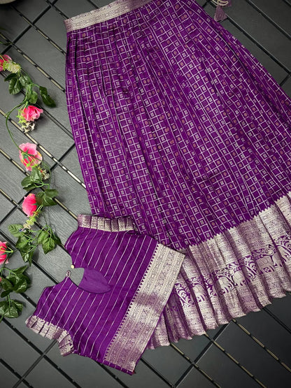 Soft Silk Kanchipuram Kids Crop Top Lehenga Set - Purple