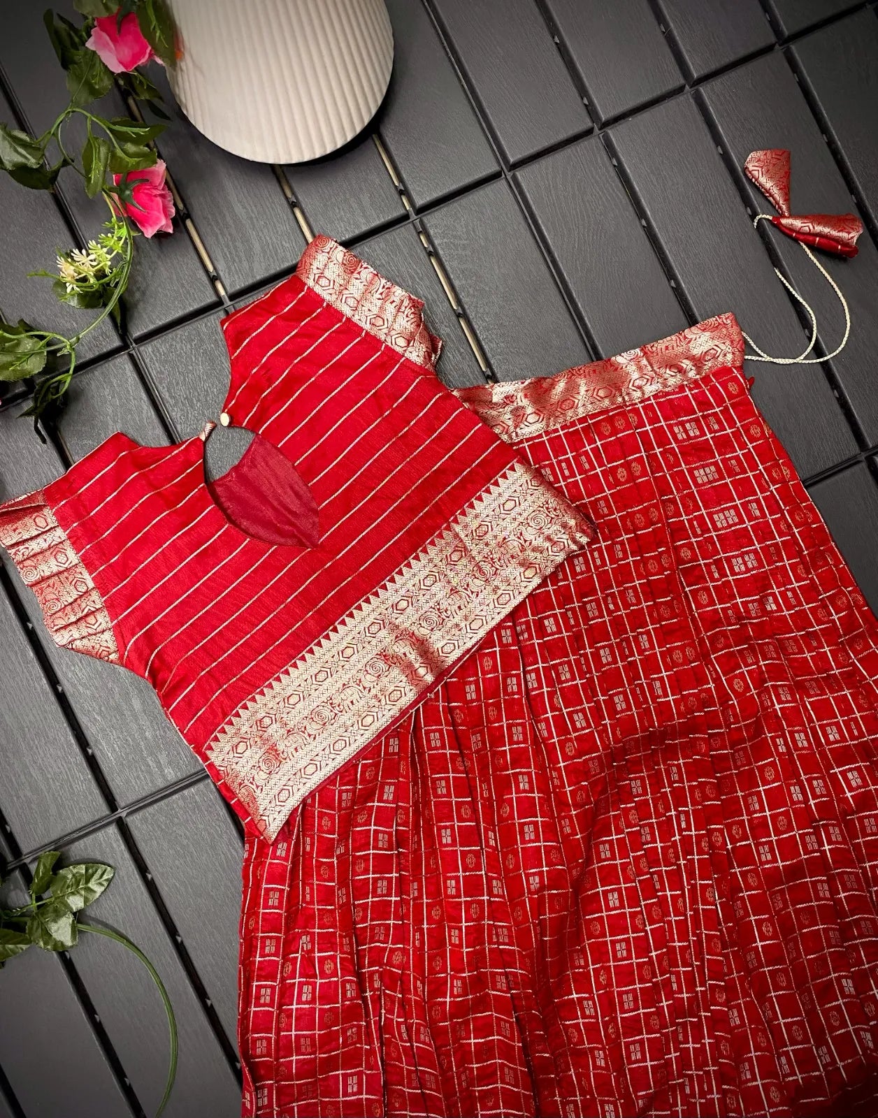 Soft Silk Kanchipuram Kids Crop Top Lehenga Set - Red