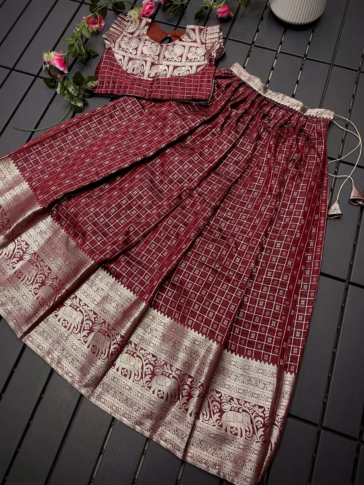 Soft Silk Kanchipuram Kids Crop Top Lehenga Set - Maroon