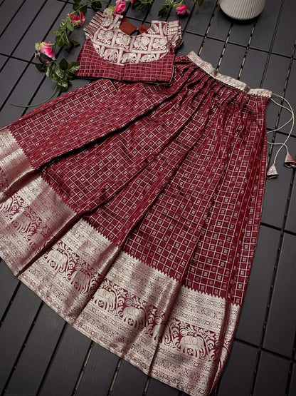 Soft Silk Kanchipuram Kids Crop Top Lehenga Set - Maroon